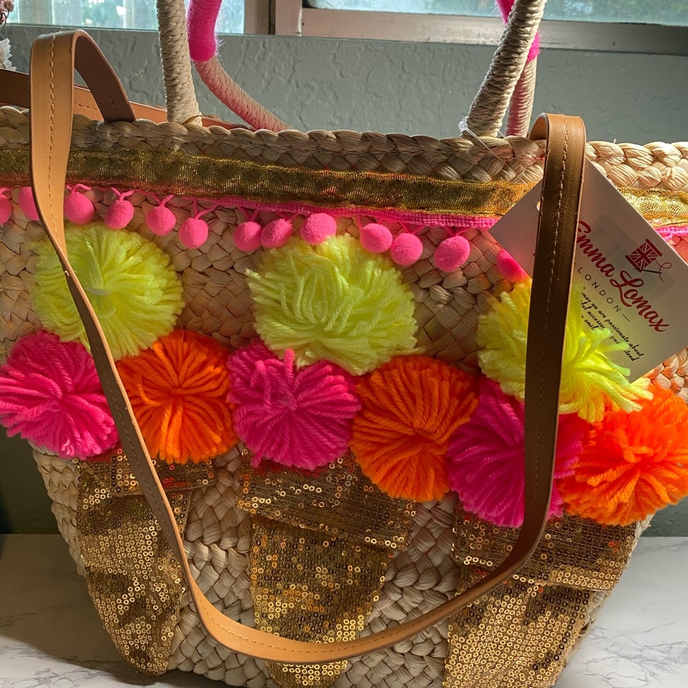 Emma Lomax Ice Cream Pom Pom Straw Tote Bag - Picture 8 of 16